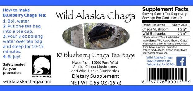Blueberry Chaga Tea Bags Label Wild Alaska Chaga